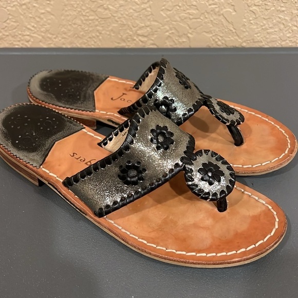 Jack Rogers Metallic Leather Navajo Sandals Black Silver Trim Sz 9 - Picture 9 of 10